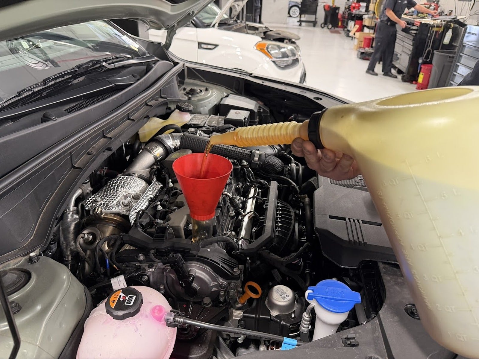 Fresh full synthetic engine oil being added to a Kia at Kia of Portland